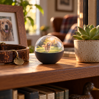 Black Memory Orb on a bookshelf beside a dog collar, playing a video of a golden retriever