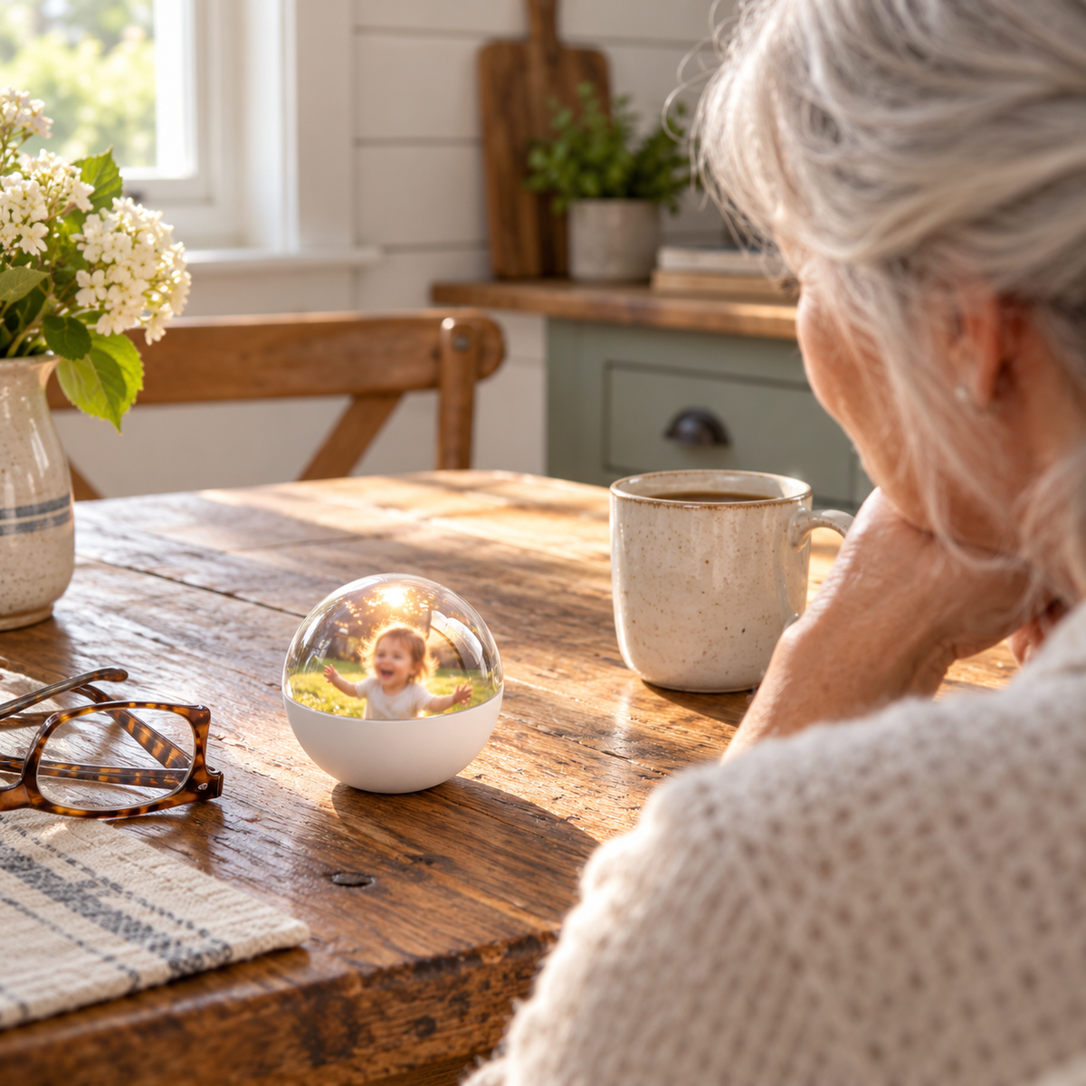 Grandmother at a farmhouse kitchen table looking at a Memory Orb playing a toddler video