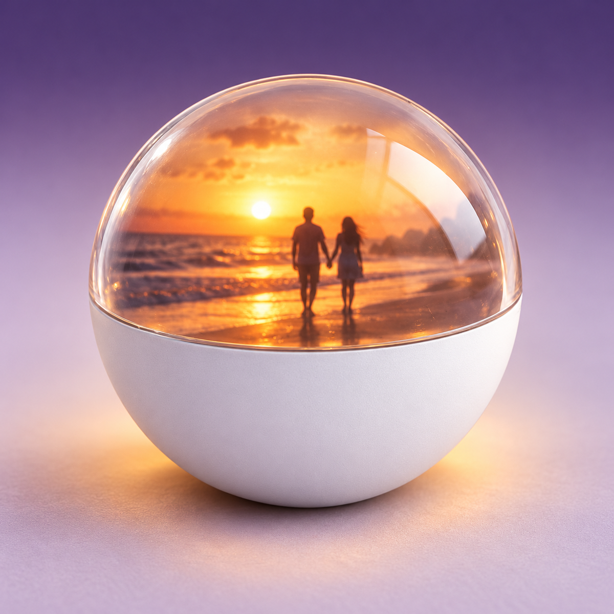The Memory Orb in white, glowing with a sunset beach video inside the clear dome