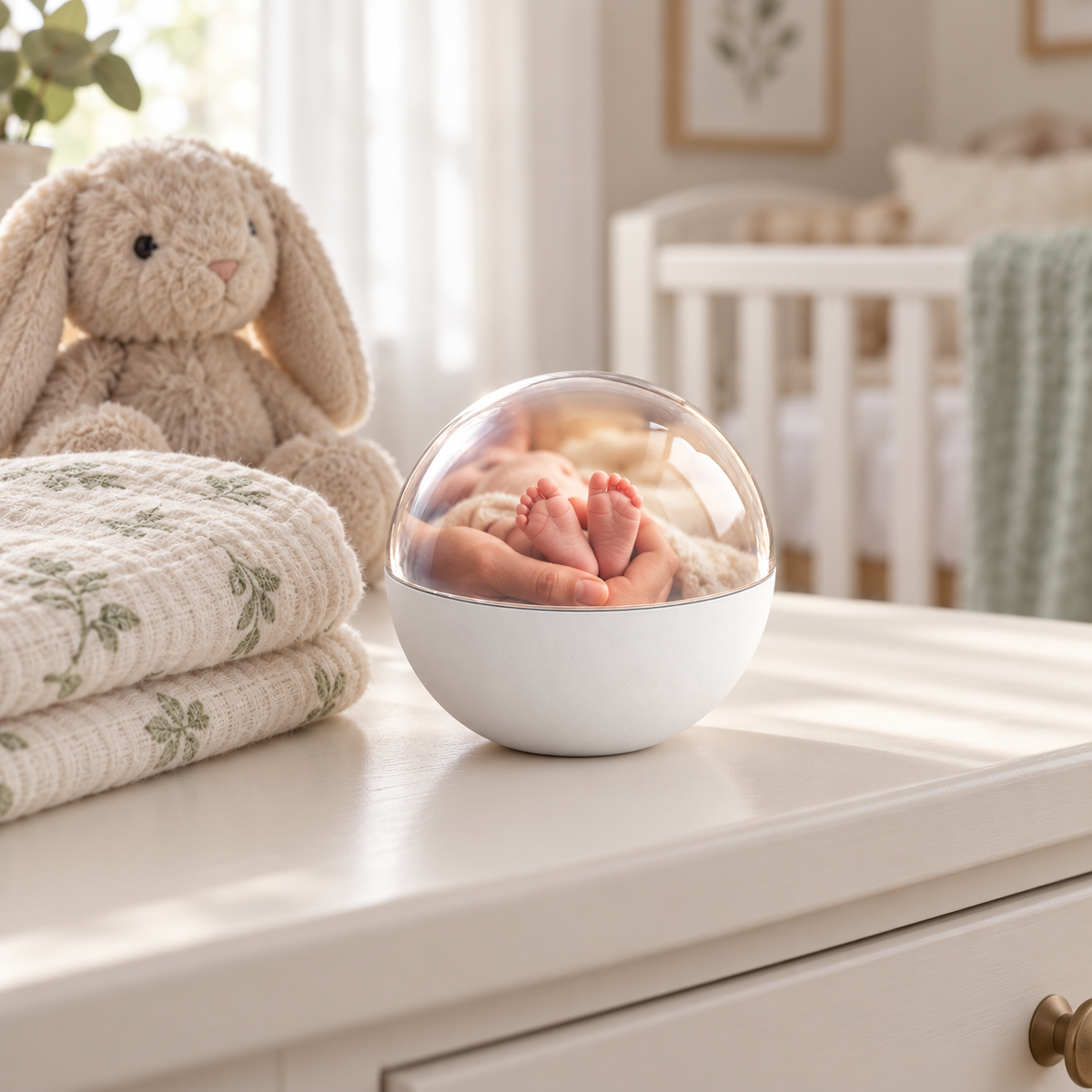 White Memory Orb on a nursery dresser showing a newborn's tiny feet