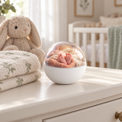 White Memory Orb on a nursery dresser showing a newborn's tiny feet