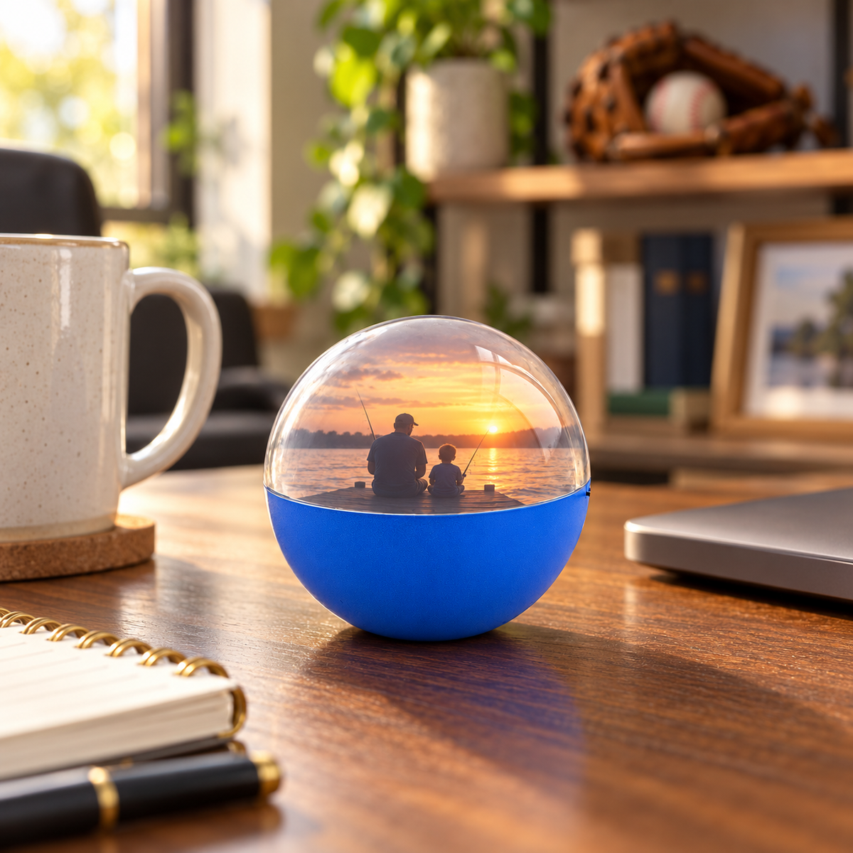 Blue Memory Orb on a home office desk playing a father-and-son fishing video