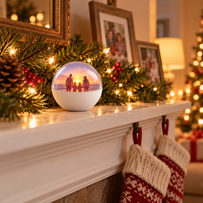 White Memory Orb on a Christmas mantel with garland and stockings, playing a family video